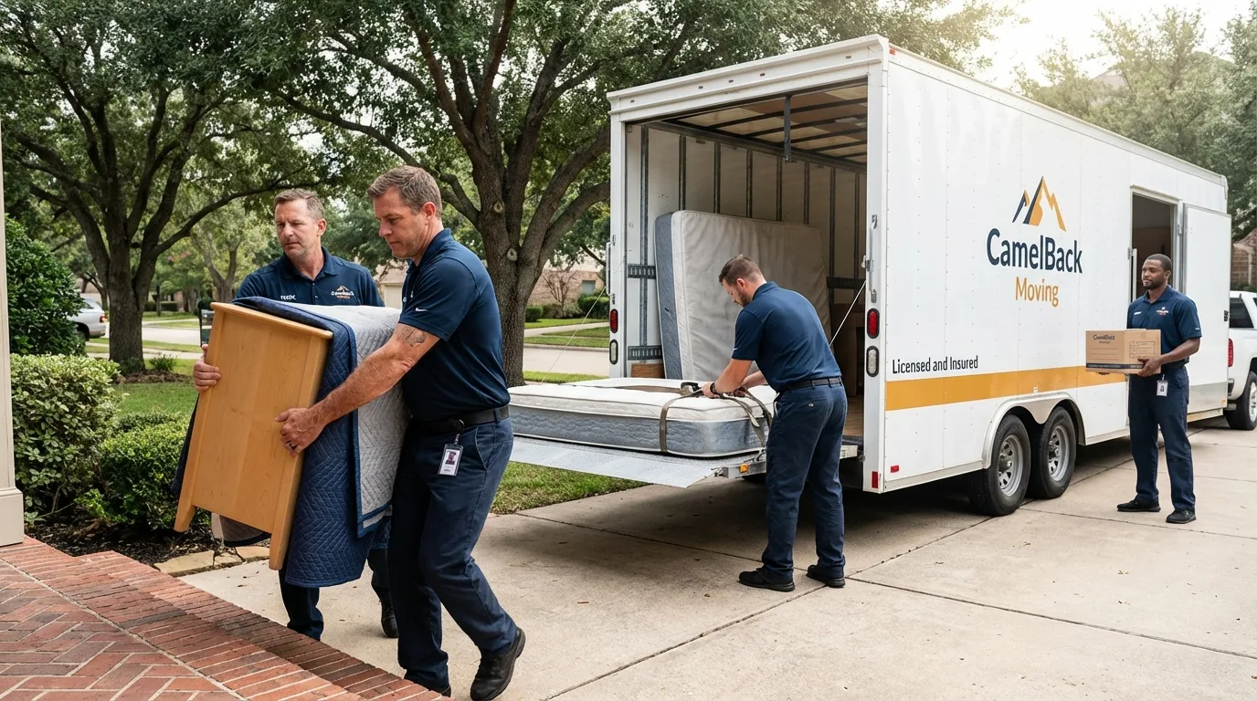 Crew loading residential truck for cross-state move from La Pine, OR