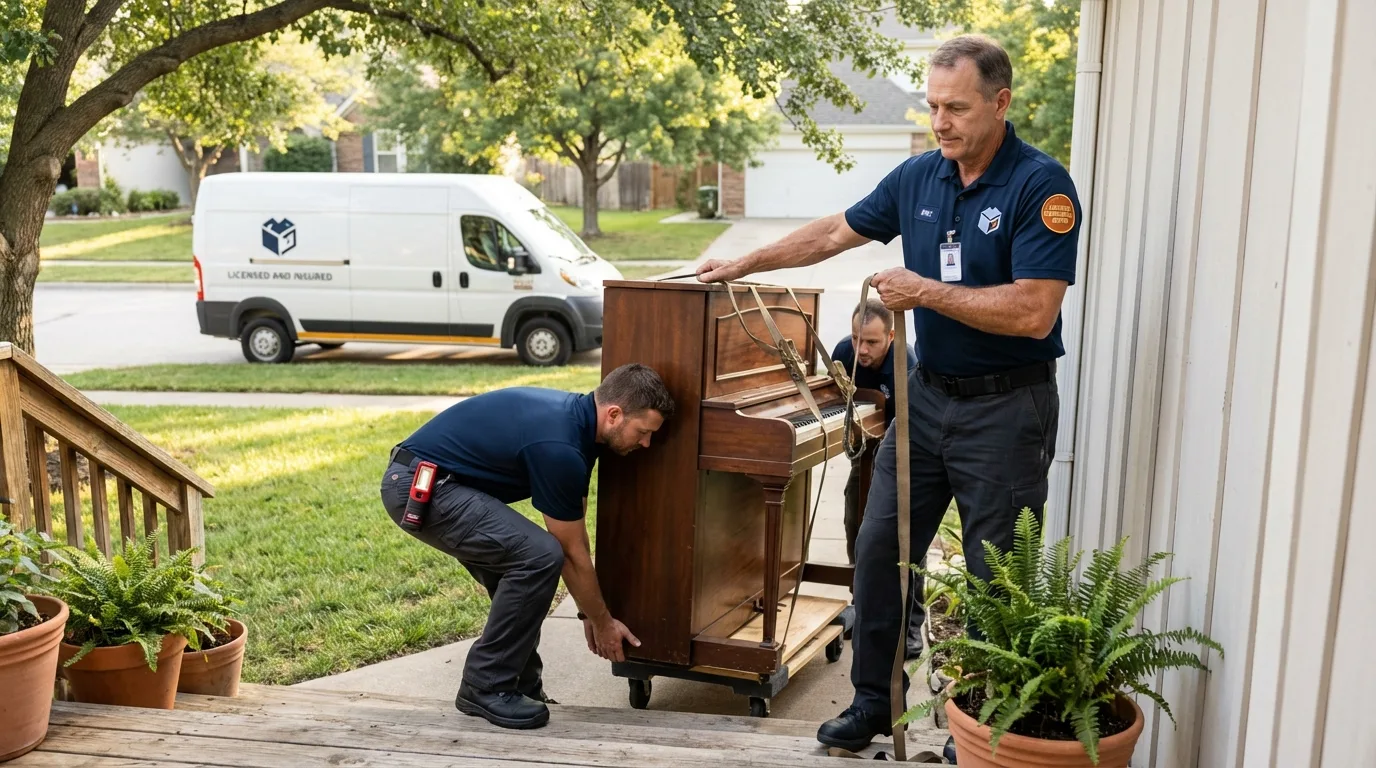 Licensed piano movers securing grand piano in La Pine, OR