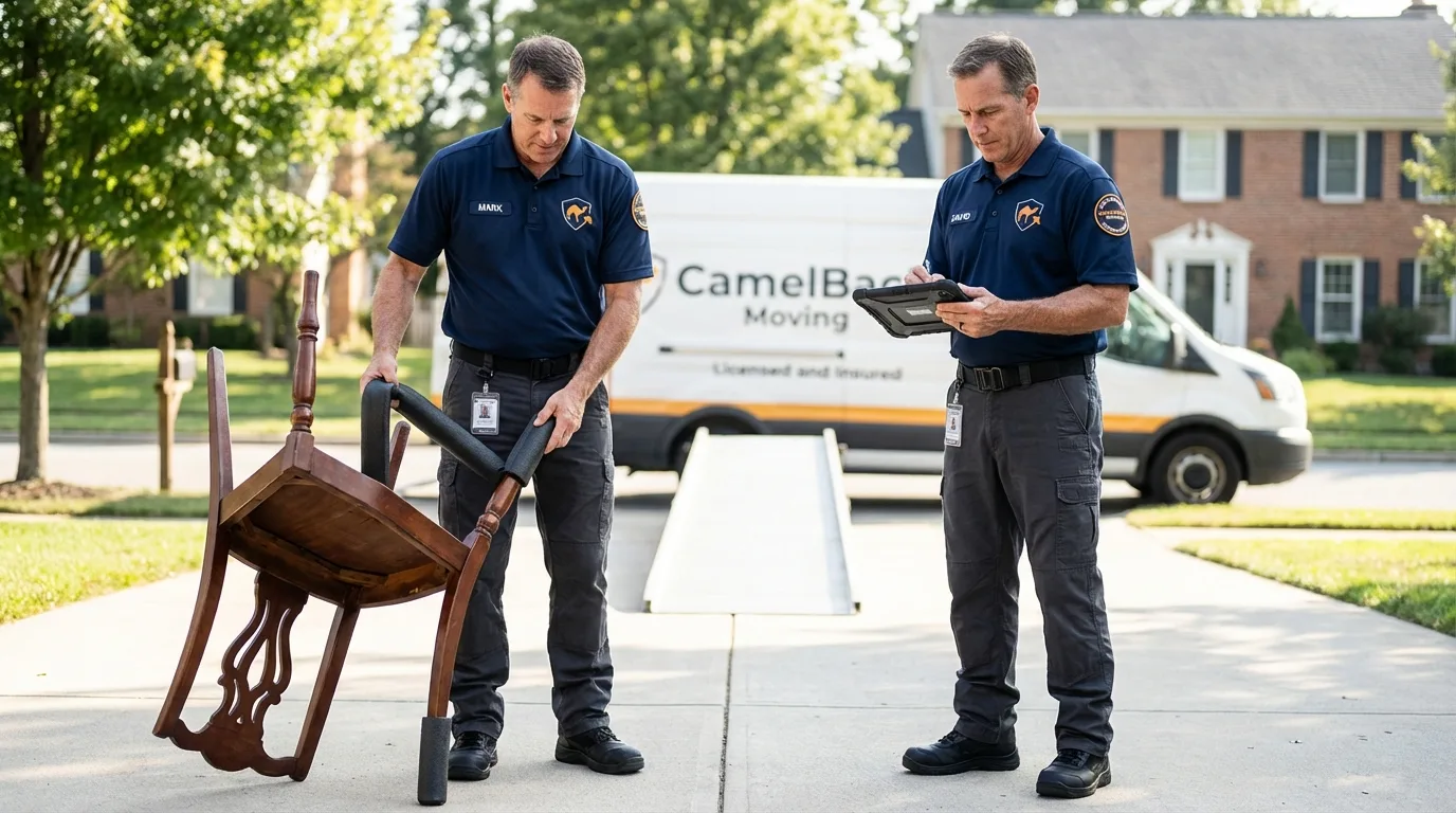 Movers inspecting furniture for damage prevention before loading in La Pine, OR